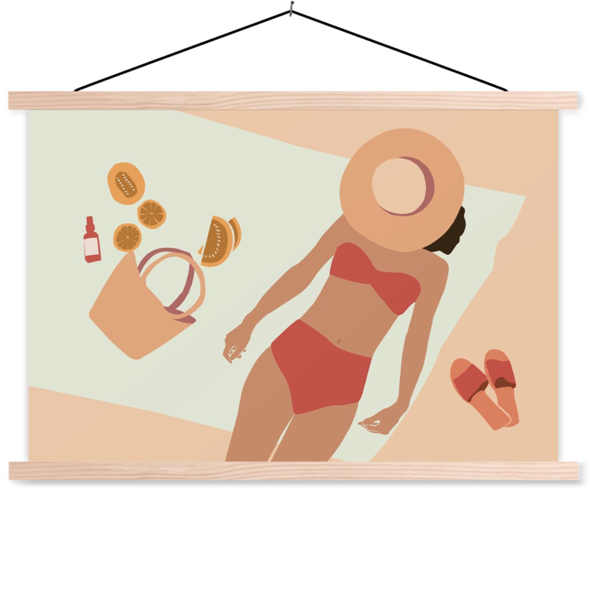 Posterhanger incl. Poster 150x100 cm - Schoolplaat - Vrouw - Hoed - Slippers - Strandhandd