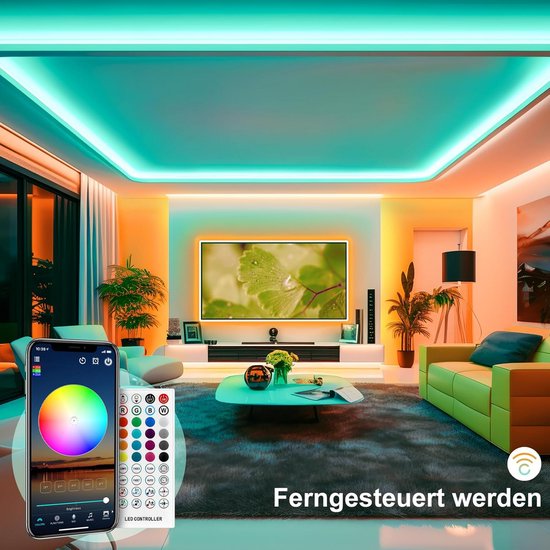 VKH Ledstrip, 15 m, bluetooth RGB-ledstrip, 15 m, zelfklevend, met afstandsbediening en app, led-lichtketting voor kamer, gaming party