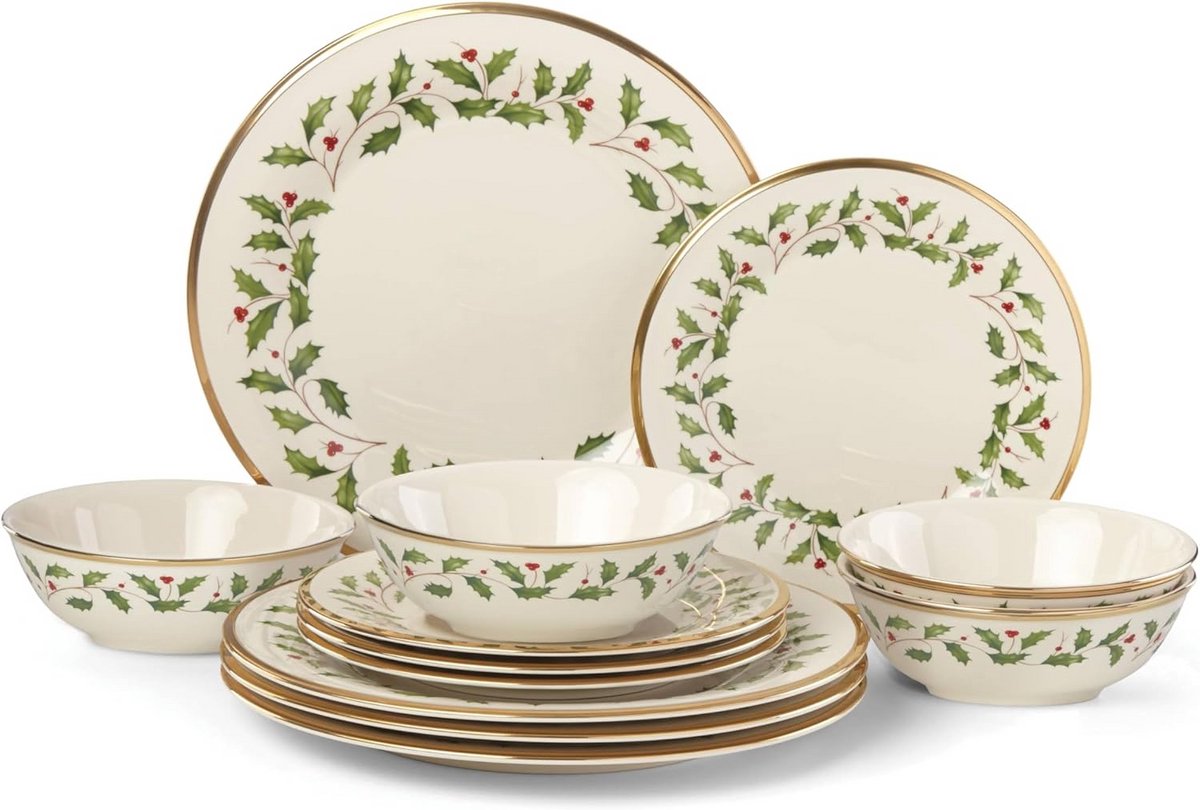 12-delige Bord & Kom Set met Hulstmotief - BONE CHINA, Rood & Groen
