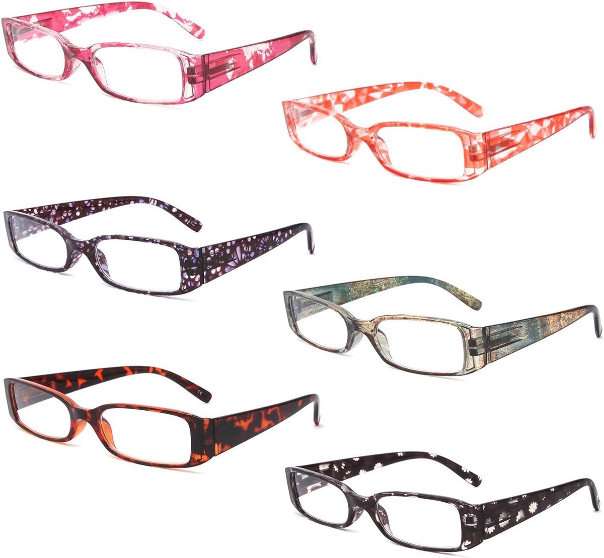 Leesbrillen 6-Pack Dames - Kwaliteit, Mode, Rechthoekig Frame met Comfortabele Scharnieren