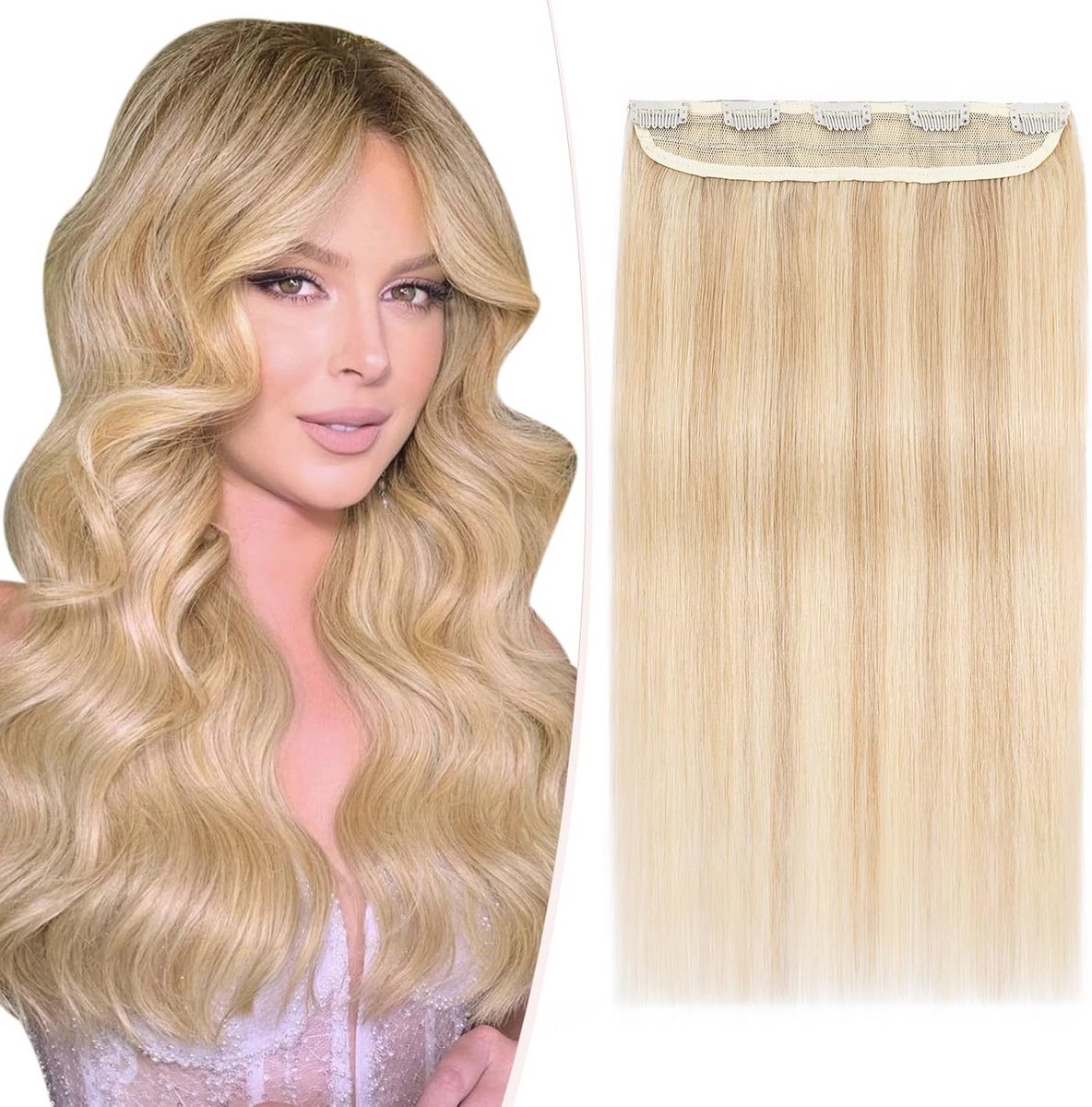 Clip in Extensies Echte Haar Donkerblond met Bleekblond 35cm 40g
