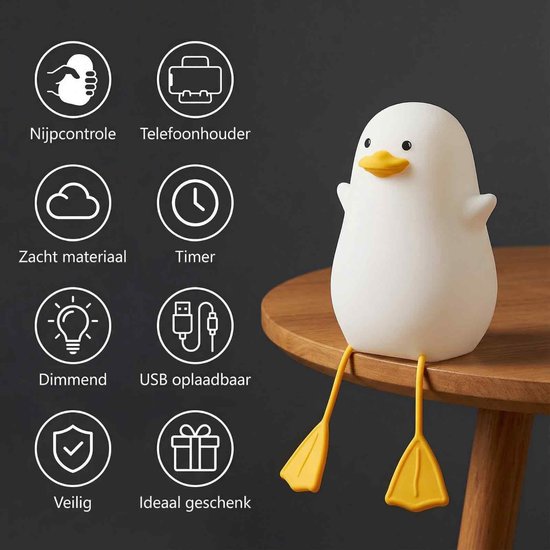 Eend en Zeemeeuw Nachtlampje - Siliconen Bedlampje - Touchbediening Draagbaar Oplaadbaar - Dimbaar met Timer - Kinderkamer Cadeau van Eend — afbeelding 4