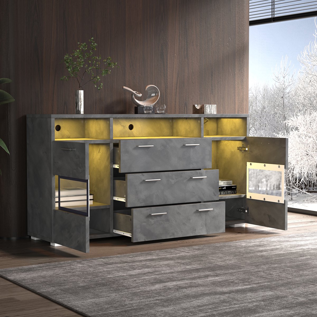 STILVORA Dressoir – Modern Met App-Gestuurde LED – Transparante Acryldeuren – 2 Deuren 3 Lades – Spaanplaat – 140x33.5x72.5 cm – Grijs