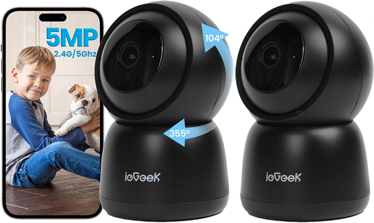 SC1 Pro Camerabewaking - 5MP Ultra HD - Huisdiercamera met app - Beveiligingscamera binnen - Wifi Camera APP - Volgt beweging en geluidsdetectie - Bewakingscamera - 2.4/5 GHz - Zwart - 2 Stuks