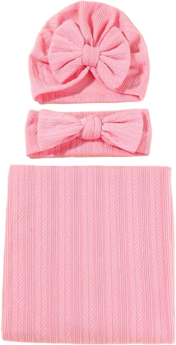 Babydeken voor meisjes - Warm en comfortabel - Wordt geleverd met bijpassende strikmuts en strikhoofdband - Geschikt voor pasgeborenen -Roze