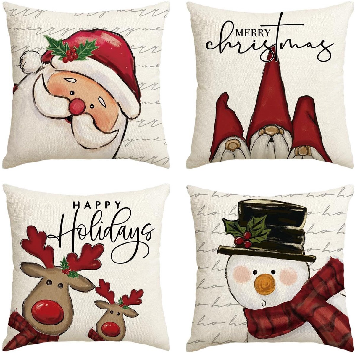 Kerstkussenhoezen - Set van 4, 45 x 45 cm - Polyester, decoratieve winterkussens met dwerg-, rendier- en sneeuwpopmotief - Voor banken en woonkamerdecoratie - Mix kleuren