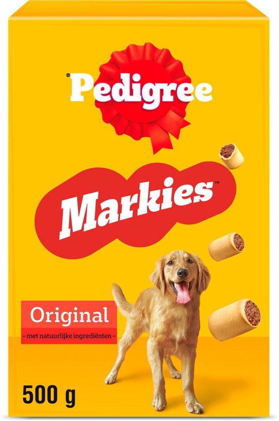 Verpakking Pedigree Markies Original hondenkoekjes, 500 g, met een Golden Retriever, omringd door koekjes.