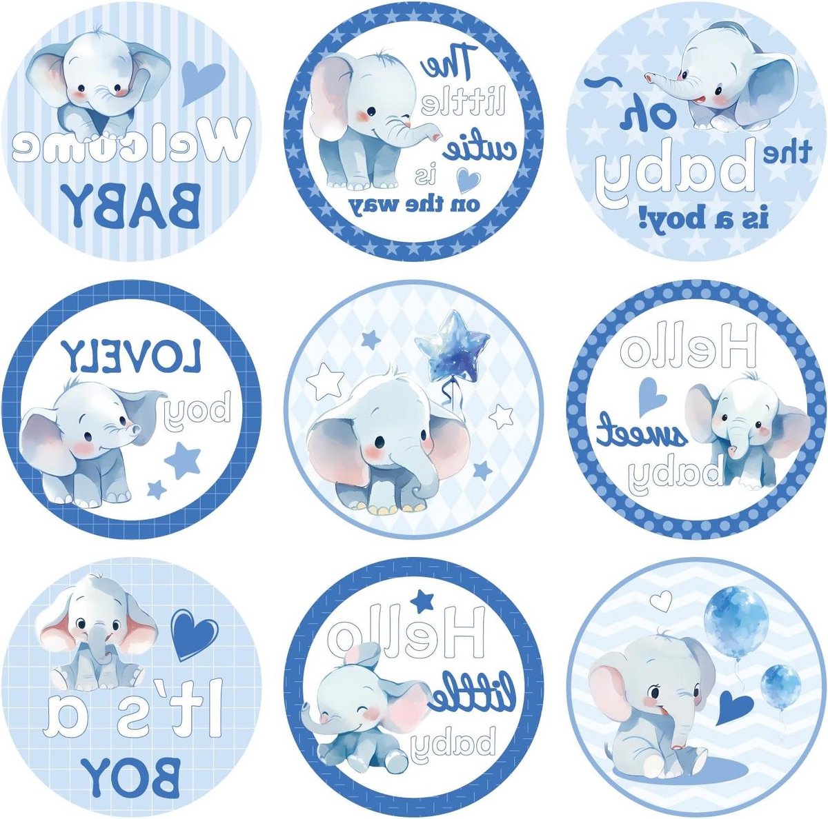 504 Baby Shower Stickers Jongens Blauw Feestbedankjes Scrapbooking - Rond Baby Boy Labels Chocolade Snoep Cadeaupapier Oliefant