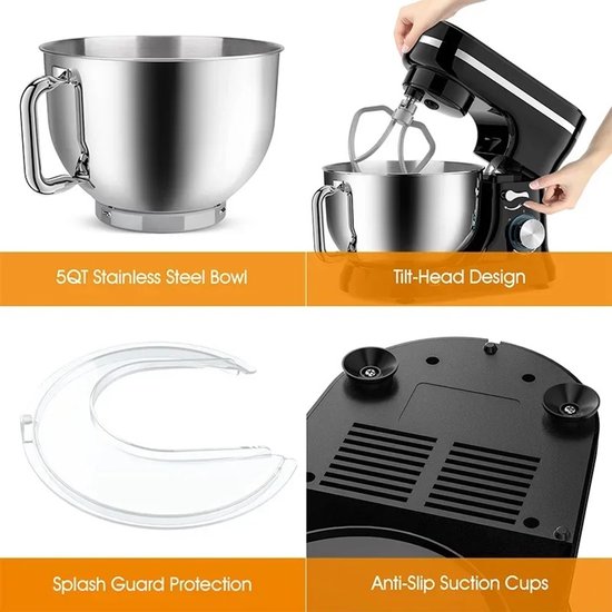 ACEP Elecktrische keukenmixer - 4.5 L - Keukenmachine - Zwart - Keukenrobot - 1000W - Keukenmixer met mengkom - RVS - 8 Snelheden van Merkloos — afbeelding 5