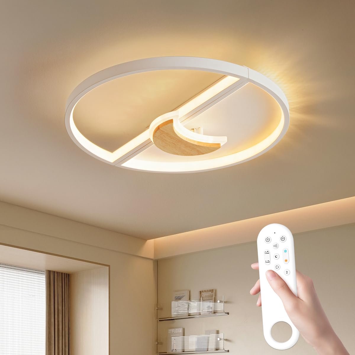 Epochglo LED Plafondlamp Kinderkamer - Maan Design 40cm met echt Hout - 50W 4000LM Extra Helder - Dimbaar (3000K-6000K) - Afstandsbediening, Nachtlampje & Timer - Sfeervolle Slaapkamerlamp voor Jongens & Meisjes