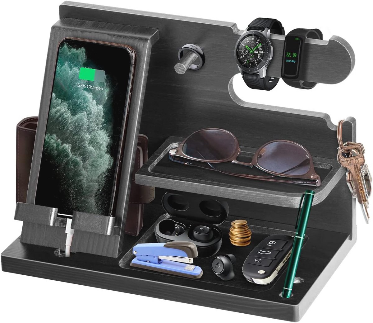Houten telefoon-dockingstation en organizer voor nachtkastje met sleutelhouder en horlogehouder - Perfect cadeau voor elke gelegenheid