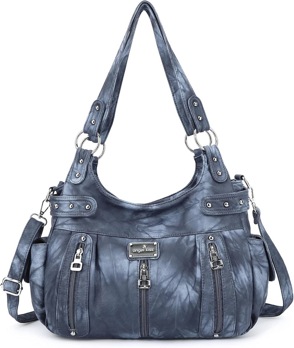 Grote vrouwentas van gewassen kunstleer - Crossbody, Hobo, Schoudertas en Handtas
