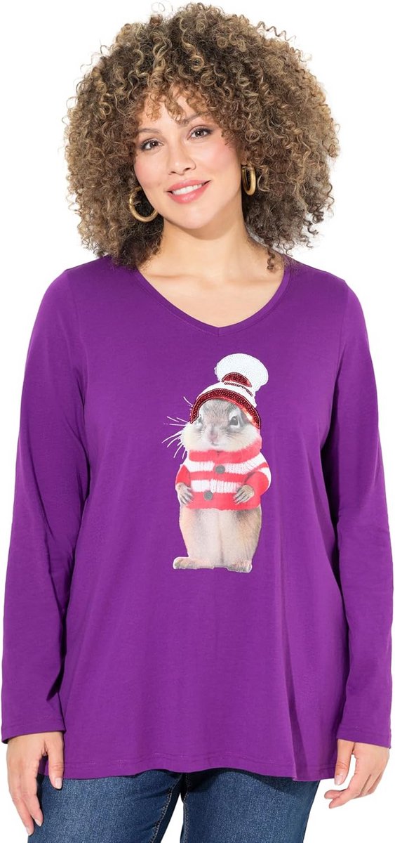 Dames Kerstshirt met Eekhoorn en V-hals - Lang Mouwen T-Shirt