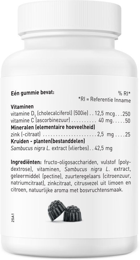 Witte pot met ingrediëntenlijst en twee donkere gummies.