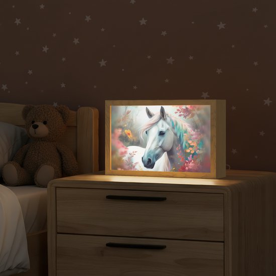 Nachtlampje 30x20 cm - Kinder lamp - Paard - Natuur - Bloemen - Dieren - Bos - Tafellamp kinderkamer - Slaapkamer lamp - Bedlamp kinderen - Kinderlampje stopcontact - Wandlamp babykamer - Nachtlampjes van Merkloos — afbeelding 2