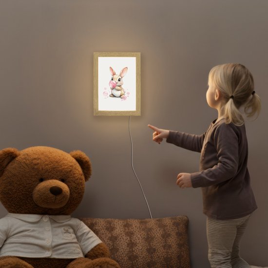Nachtlampje 15x20 cm - Kinder lampje - Konijn - Roze - Bellen - Tafellamp kinderkamer - Slaapkamer lamp - Bedlamp kinderen - Kinderlampje stopcontact - Wandlamp babykamer - Nachtlampjes van OnlyWow — afbeelding 5