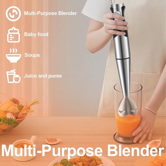 6-in-1 Staafmixer, Multifunctioneel, 1200 W, Instelbare Snelheid, RVS, Met Spatbescherming van Merkloos — afbeelding 3