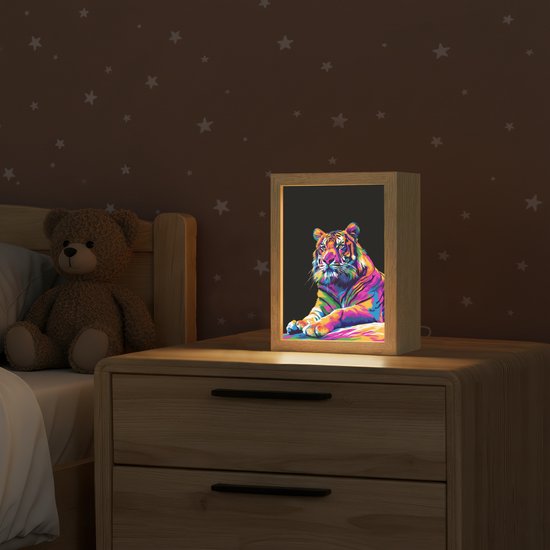 Nachtlampje 15x20 cm - Kinder lampje - Tijger - Kleurrijk - Dieren - Zwart - Neon - Tafellamp kinderkamer - Slaapkamer lamp - Bedlamp kinderen - Kinderlampje stopcontact - Wandlamp babykamer - Nachtlampjes van Merkloos — afbeelding 2