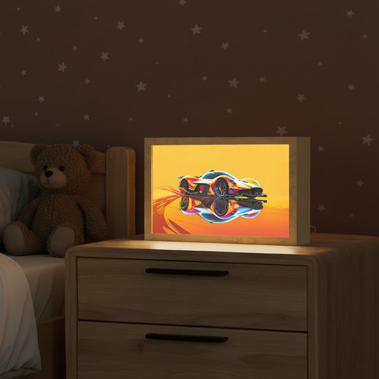 Nachtlampje 30x20 cm - Kinder lampje - Auto - Race - F1 - Jongens - Geel - Rood - Tafellamp kinderkamer - Slaapkamer lamp - Bedlamp kinderen - Kinderlampje stopcontact - Wandlamp babykamer - Nachtlampjes van Merkloos — afbeelding 2