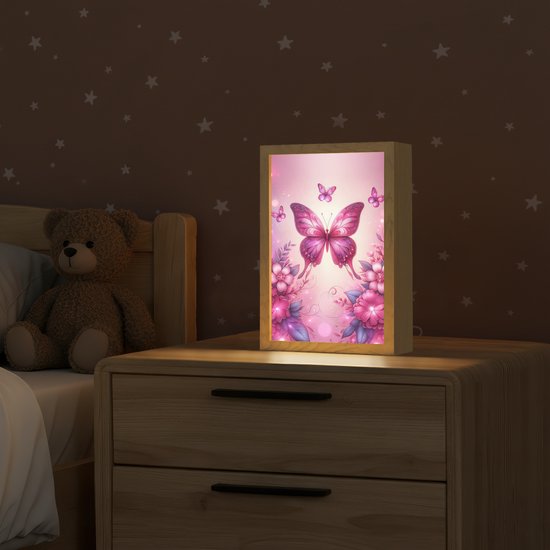 Nachtlampje 20x30 cm - Kinder lampje - Vlinder - Roze - Bloemen - Tafellamp kinderkamer - Slaapkamer lamp - Bedlamp kinderen - Kinderlampje stopcontact - Wandlamp babykamer - Nachtlampjes van Merkloos — afbeelding 2