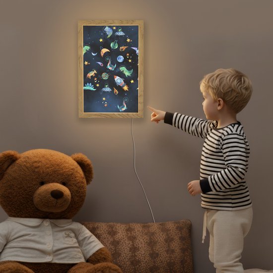 Nachtlampje 20x30 cm - Kinder lampje - Ruimte - Dino - Dinosaurus - Jongens - Tafellamp kinderkamer - Slaapkamer lamp - Bedlamp kinderen - Kinderlampje stopcontact - Wandlamp babykamer - Nachtlampjes van Merkloos — afbeelding 5
