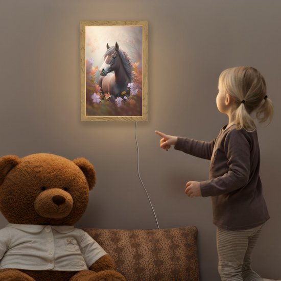 Nachtlampje 20x30 cm - Kinder lamp - Paard - Bloemen - Natuur - Paars - Dieren - Tafellamp kinderkamer - Slaapkamer lamp - Bedlamp kinderen - Kinderlampje stopcontact - Wandlamp babykamer - Nachtlampjes van Merkloos — afbeelding 5