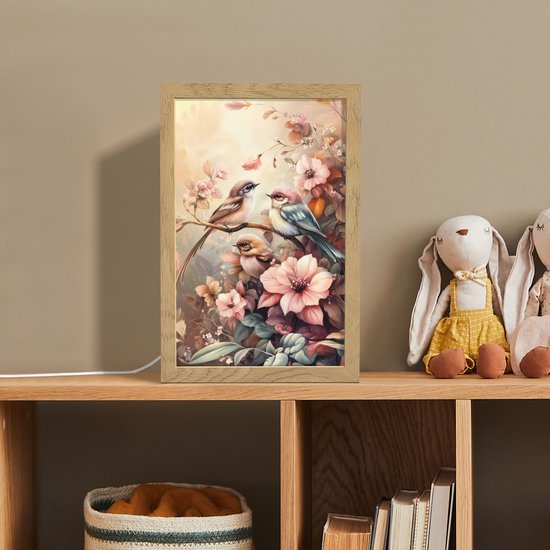 Nachtlampje 20x30 cm - Kinder lamp - Vogels - Bloemen - Roze - Pastel - Tafellamp kinderkamer - Slaapkamer lamp - Bedlamp kinderen - Kinderlampje stopcontact - Wandlamp babykamer - Nachtlampjes van Merkloos — afbeelding 3