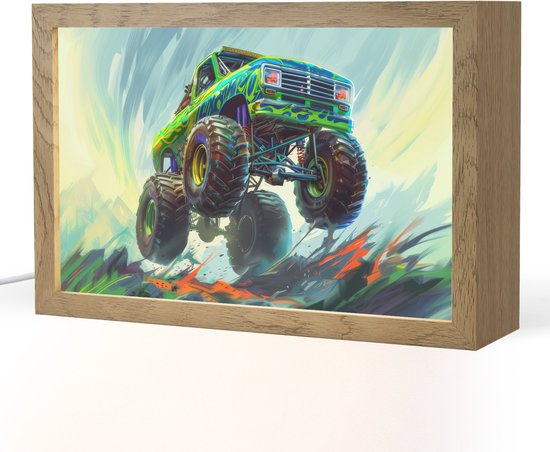 Nachtlampje 30x20 cm - Kinder lampje - Monstertruck - Auto - Jongens - Groen - Tafellamp kinderkamer - Slaapkamer lamp - Bedlamp kinderen - Kinderlampje stopcontact - Wandlamp babykamer - Nachtlampjes