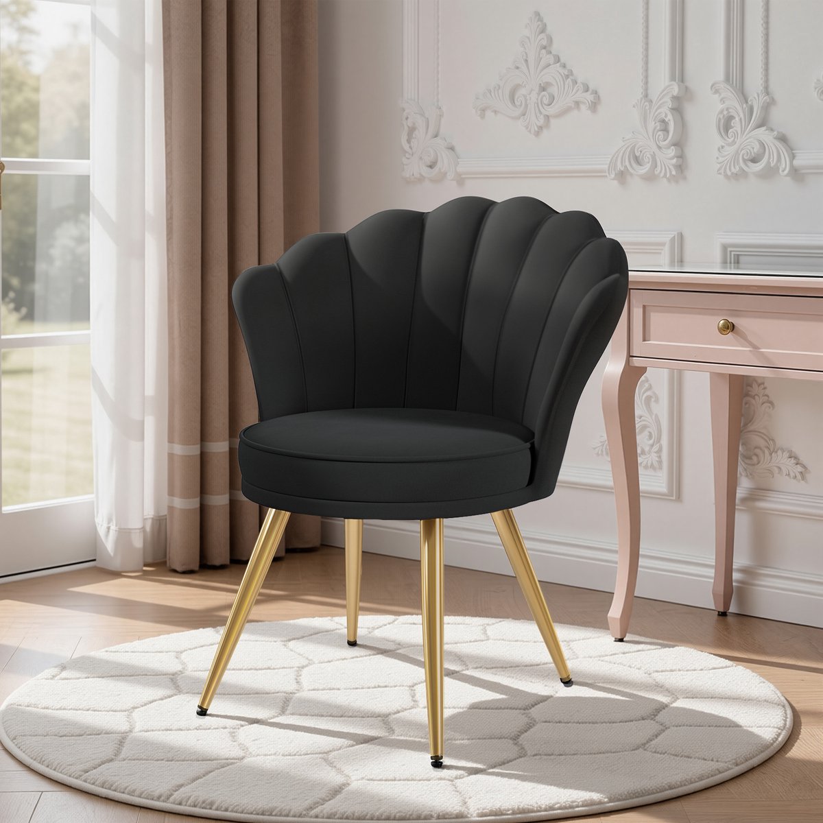 Moderne Accentstoel Fluweel, Gestoffeerde Fauteuil met Gouden Metalen Poten, Elegante Kaptafelstoel voor Woonkamer, Slaapkamer of Make-uphoek – Zwart