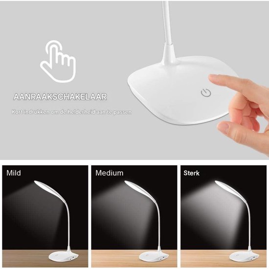 GELLDG Bureaulamp - Draadloze LED-bureaulamp - Geschikt voor thuis en op kantoor - 360° flexibele, verstelbare arm - Touchbediening - 3 helderheidsniveaus - Oplaadbaar - Dimbaar - Wit van GelldG — afbeelding 2