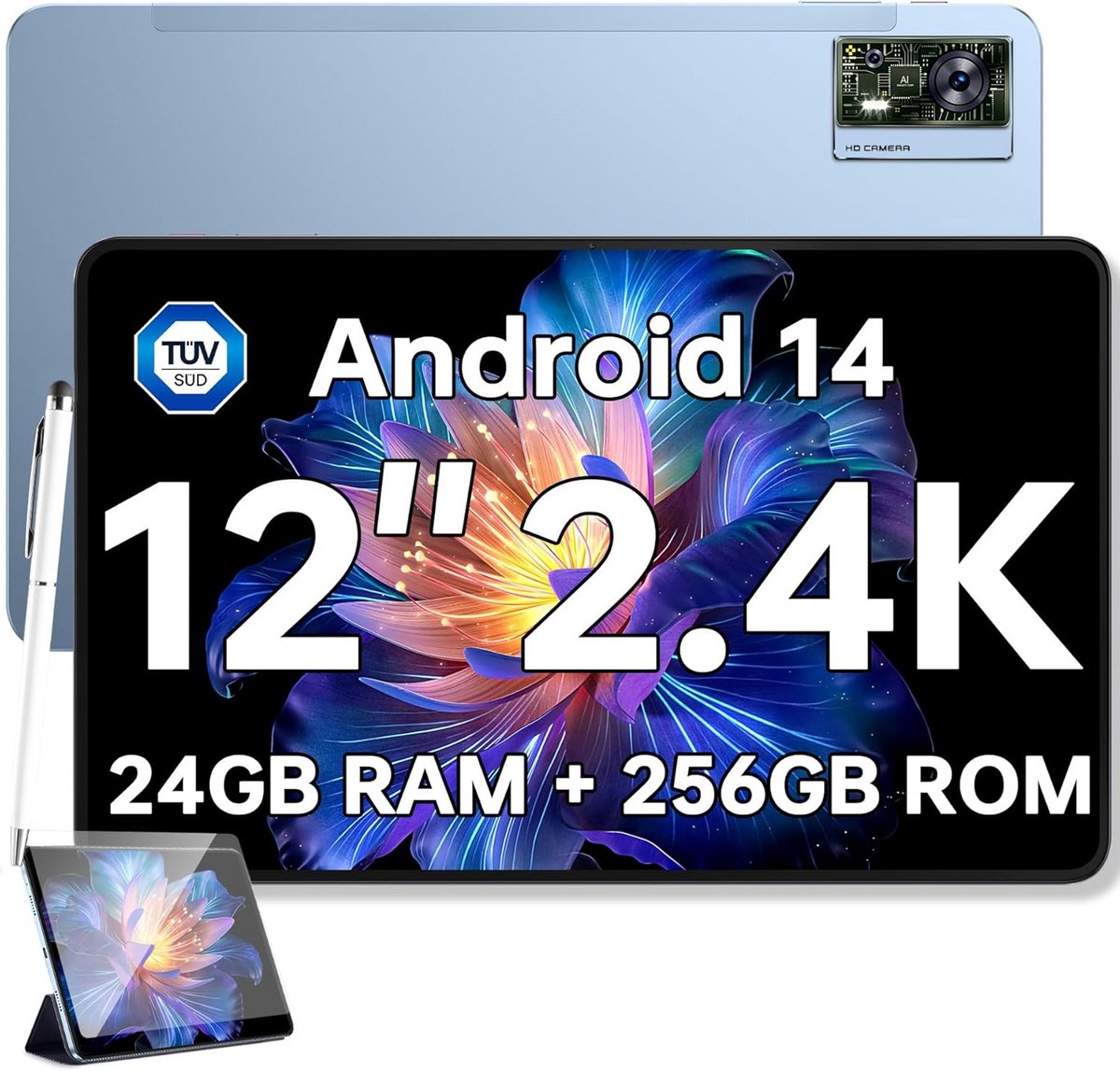 Grote 12 inch Android 14 Tablet met 2.4K Scherm, 256GB Opslag en 4G LTE