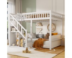 Kinderbed met opklapbed 90x200 cm, kinderbed met valbeveiliging, trapje, opbergruimte, stapelbed, massief hout, exclusief matras（Verzonden in 2 aparte pakketten）