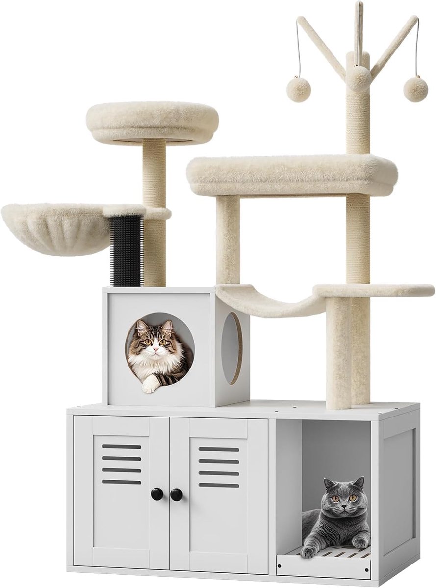 Kattenboom met Kattenbak Kast – 146 cm Hoog, 2‑in‑1 Krabpaal met Verborgen Kattenbak, Mand, Speelballen & Topplateau – Hout – Wit