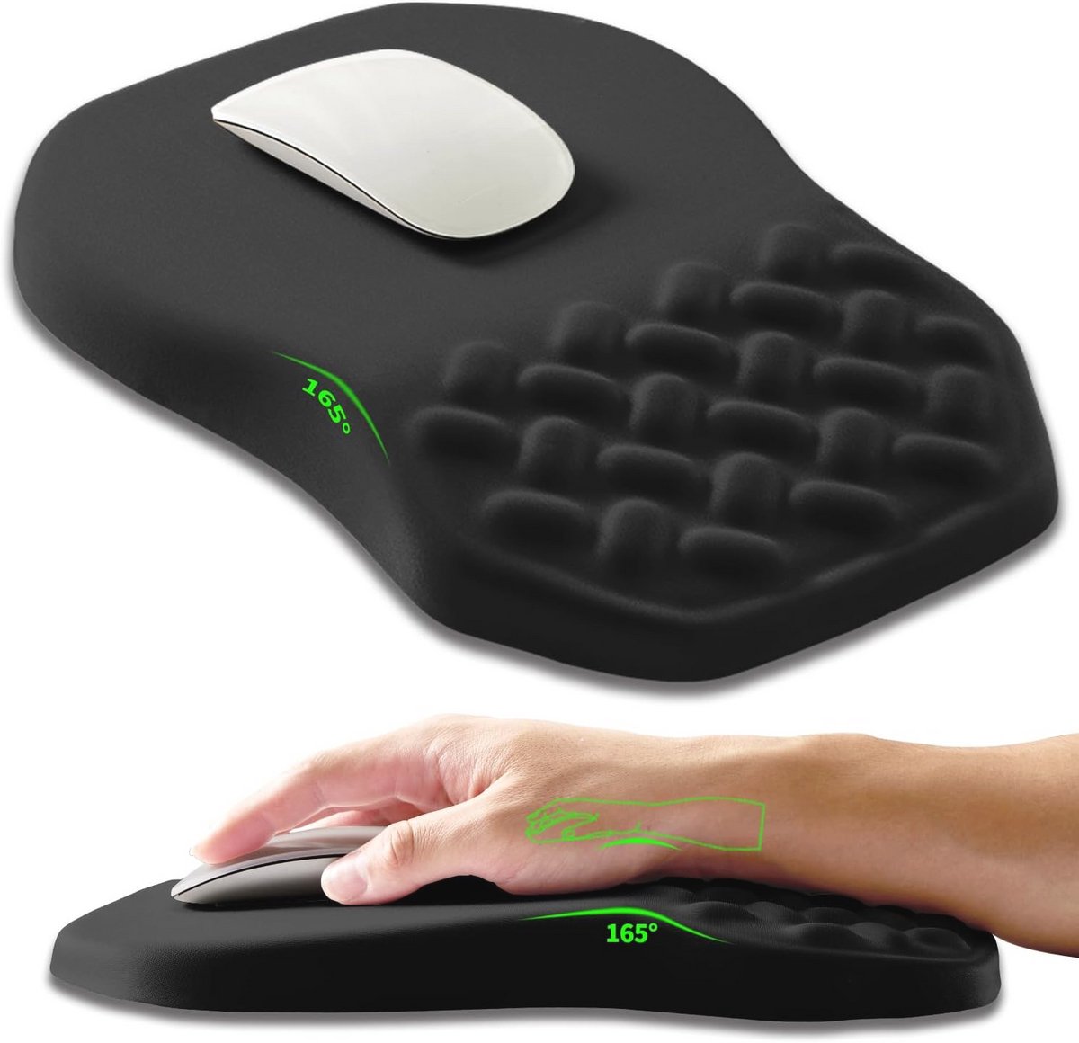Ergonomische Hoekige Muismat met Polssteun - Polssteun voor Carpaal Tunnel Syndroom met Massagebult en Langzaam Terugverend Geheugenfoam (30x20cm, Zwart)