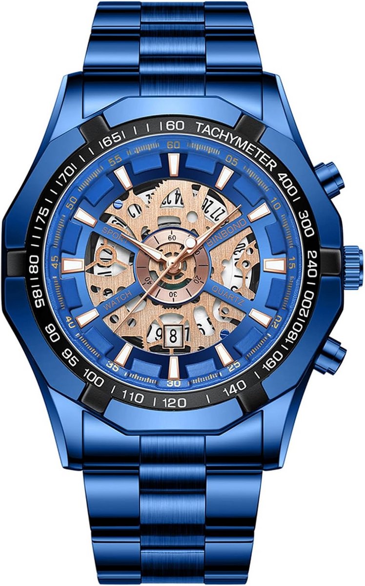 Heren Horloge Met Blauwe Skelet Wijzerplaat, Waterdicht Analoog Quartz Uurwerk en RVS Band