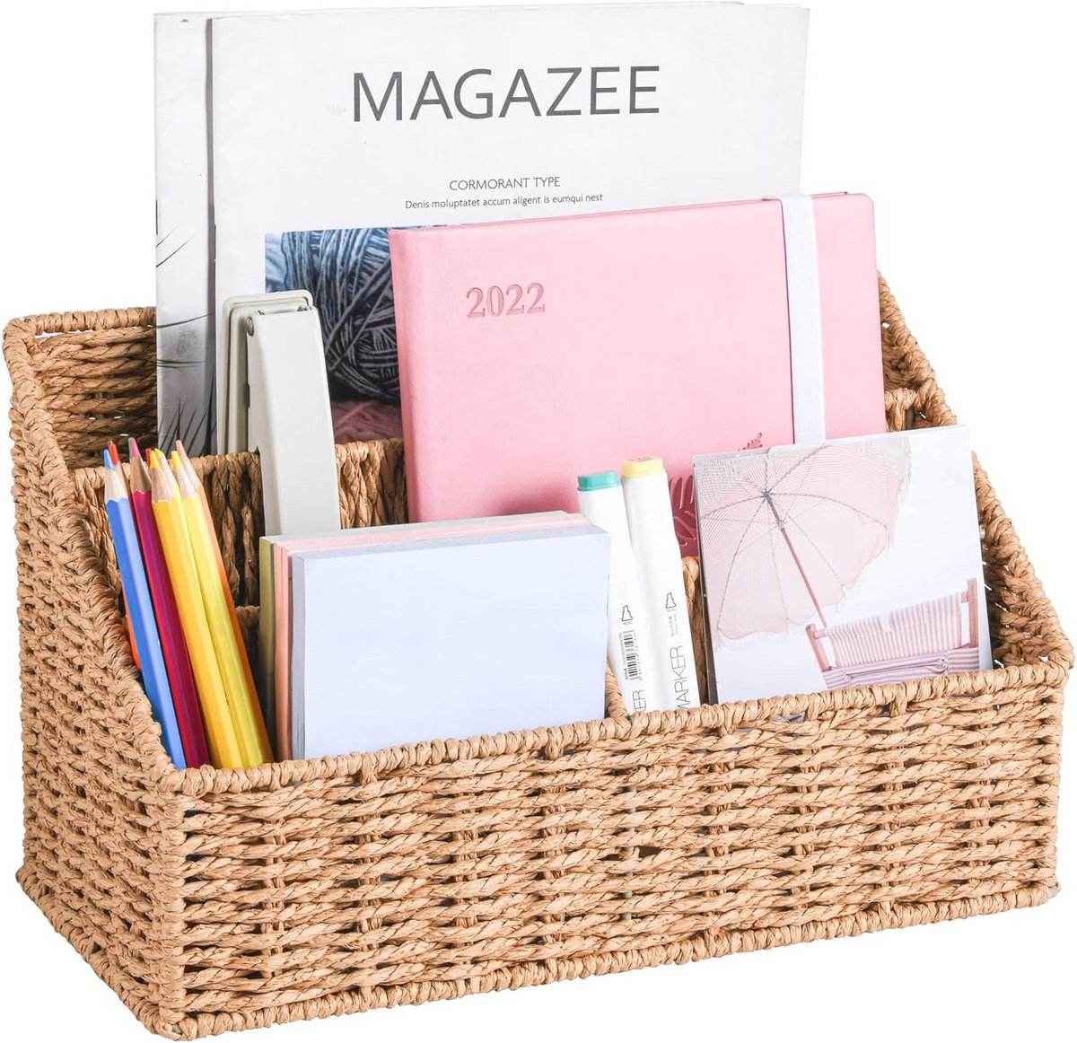 Natuurlijke geweven bureauorganizer met 4 vakken - Rustieke stijl, 31,5 x 15 x 19 cm