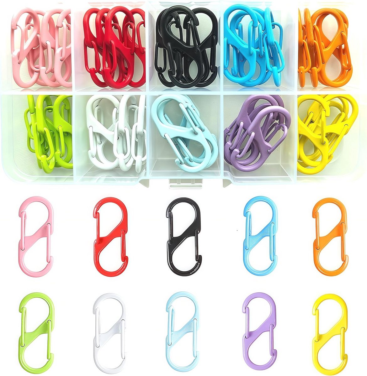 Kleine S-vormige karabijnhaken met dubbele opening - Set van 40 - Perfect voor wandelen, kamperen en rugzakken - 10 kleuren
