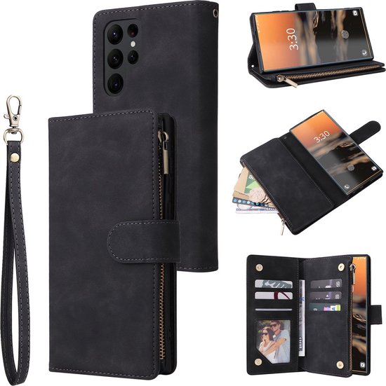 Collage de coques de téléphone noires avec fermeture éclair, dragonne, fentes pour cartes et le dos du téléphone.