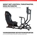 Zwart sim racing cockpit met verstelbare stoel, stuur- en pedaalsteunen, compatibel met Logitech, Thrustmaster, Moza, Fanatec.