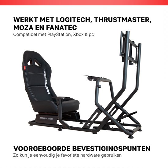 Zwart sim racing cockpit met verstelbare stoel, stuur- en pedaalsteunen, compatibel met Logitech, Thrustmaster, Moza, Fanatec.