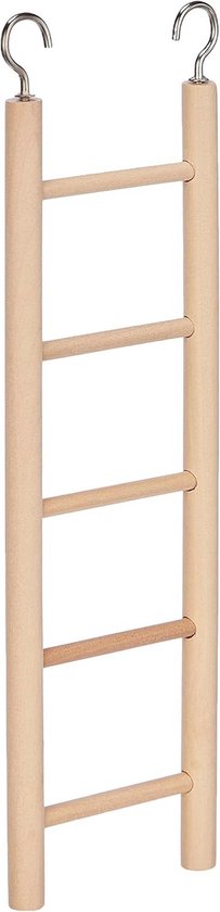 Houten ladder met 5 treden en haken aan de bovenkant, op een witte achtergrond.