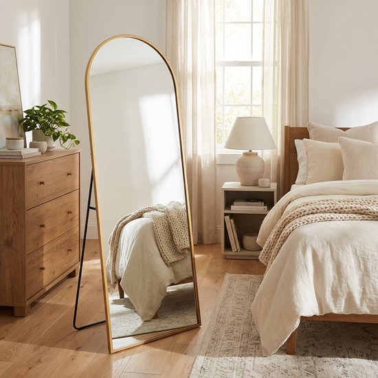 Møholm Passpiegel - 160x60 cm - Wandspiegel - Modern - Kleedkamer Spiegel - Staande Spiegel met Metalen Rand - Kleur: Goud