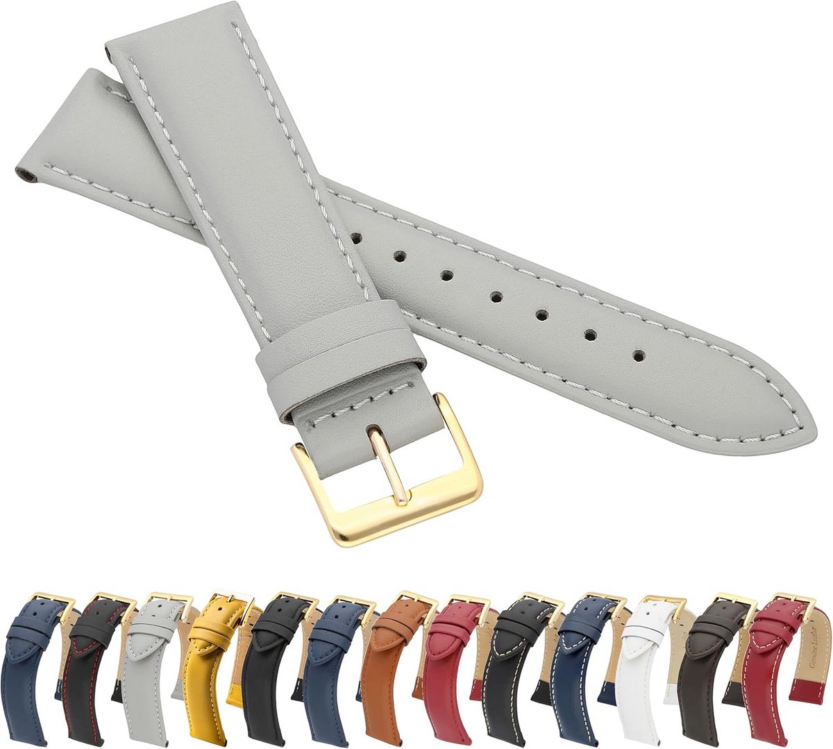 Horlogeband van glad leer met gouden sluiting - Fijn leren armband van echt rundleer