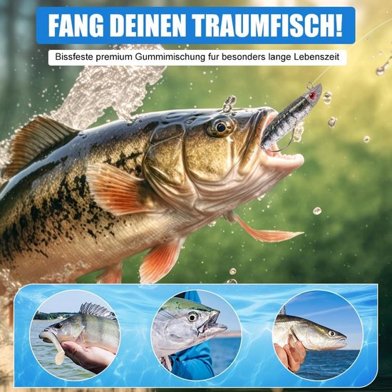 Set van 3 Rubberen Shads met Loodkop Jig – Kunstaas voor Snoek, Zeebaars en Forel — afbeelding 3