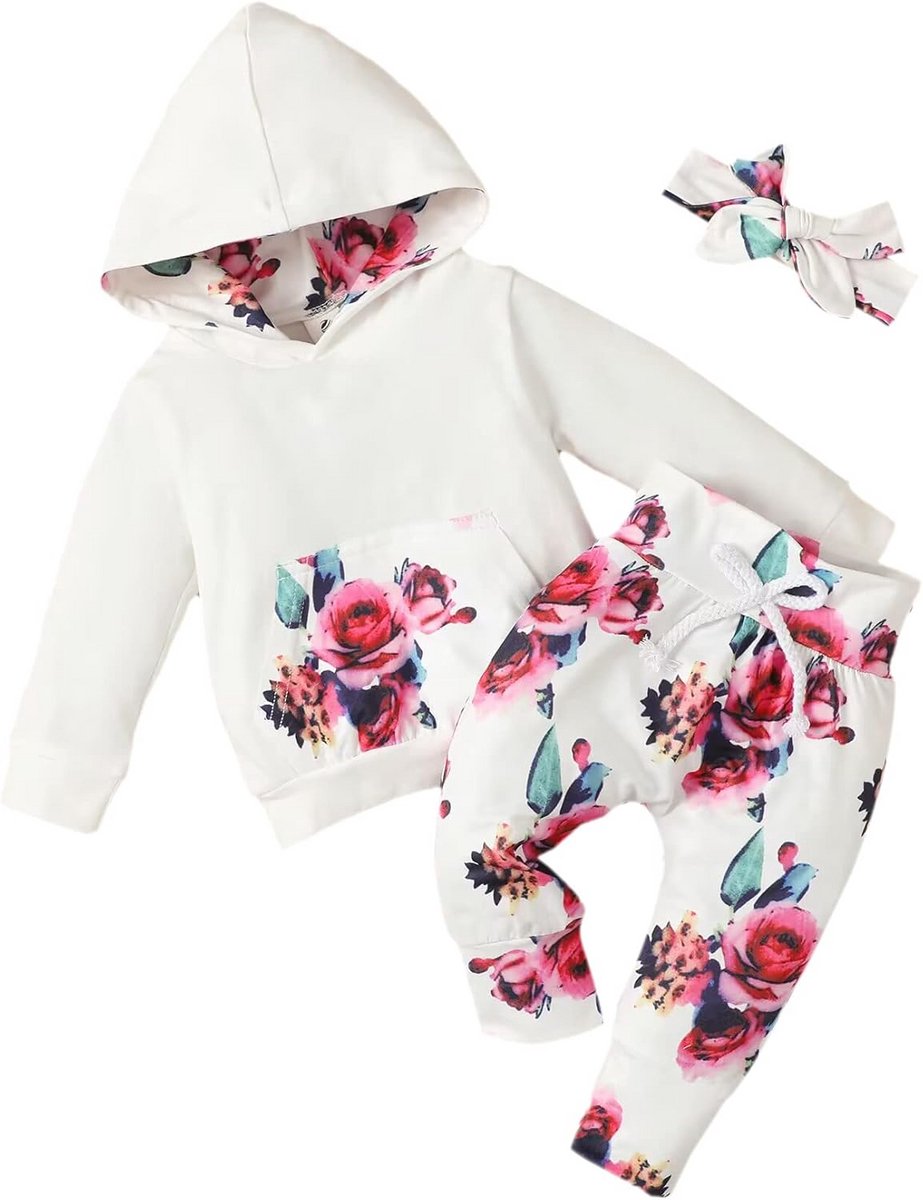3-delige Baby Meisjes Set: Sweatshirt, Broek en Hoofdband met Bloemenprint 0-24 Maanden