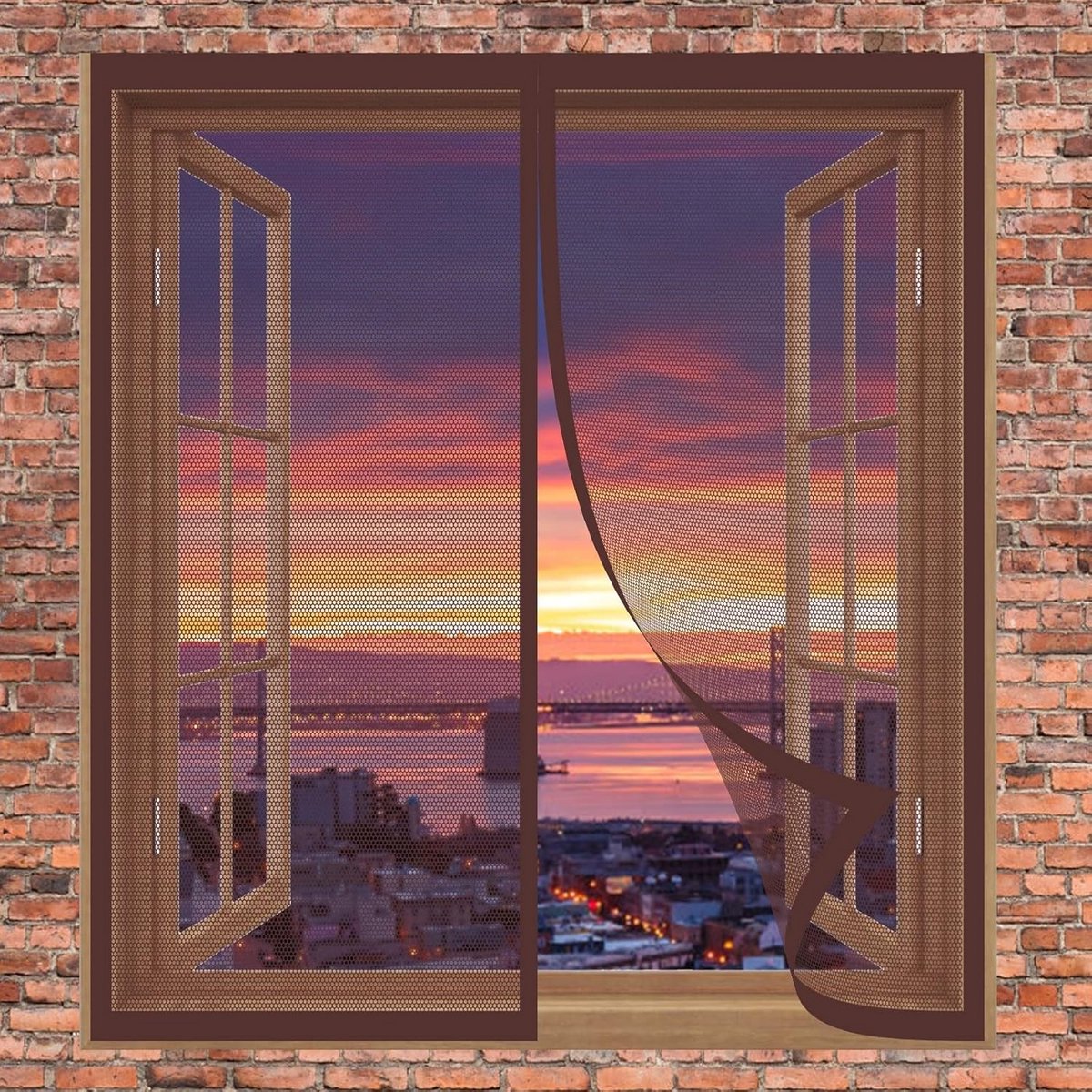 Hor voor raam 85 x 195 cm - Insectenmesh zonder boren - Magneetsluiting - Wasbaar - Bruin