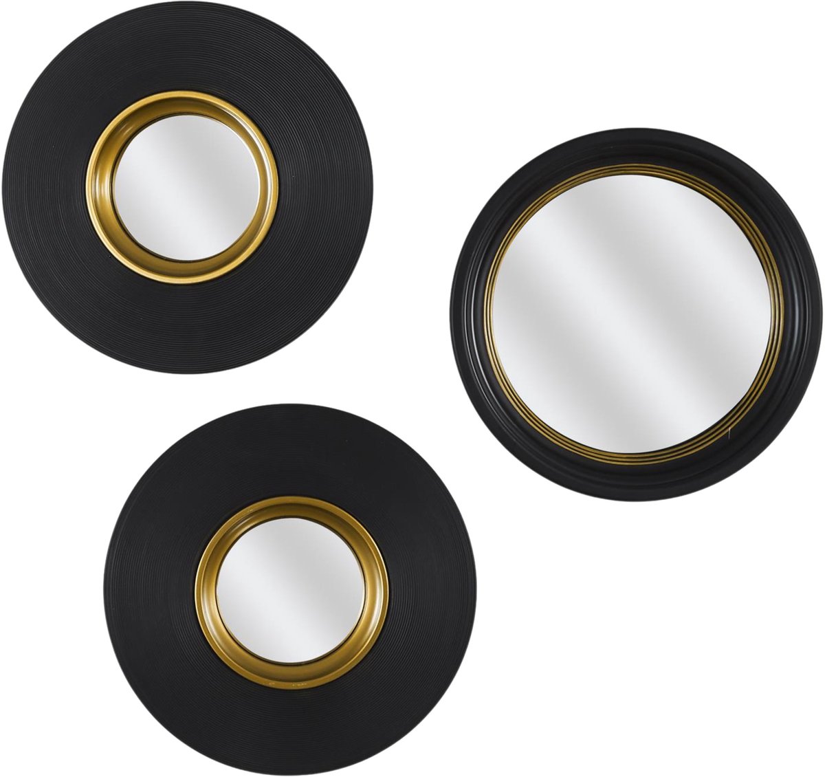 Home Deco Factory wandspiegel set - 3x stuks - rond - D25,5 - zwart/goud - kunststof - decoratie spiegels