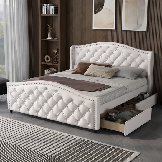 REDOM Ledikant 160x200 cm – PU wit – Chesterfield-stijl – Met 2 lades – Luxe