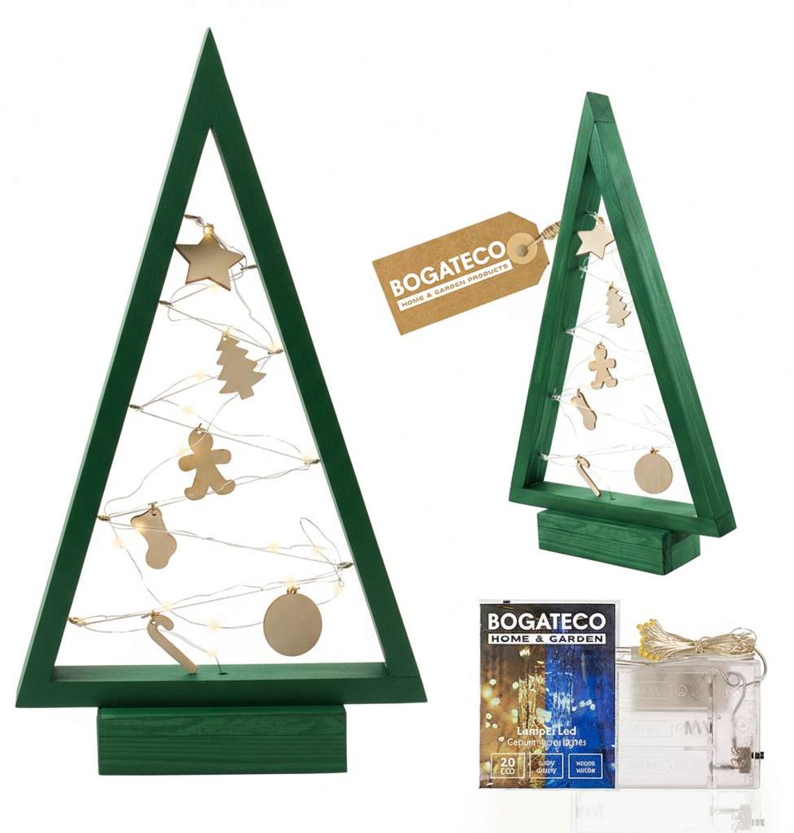 BOGATECO houten kerstboom met LED 52cm hoog | Inclusief houten decoratie | Kerstversiering | 20 LED | Groente
