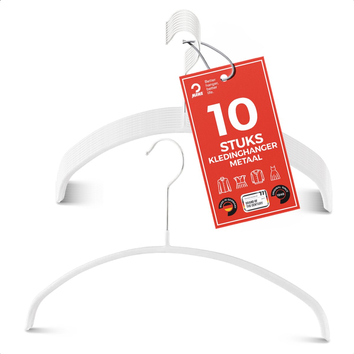 MAWA Kledinghangers - Set van 10 Hangers - Ruimtebesparende en Antislip Kleerhangers voor T-Shirts en Truien - 360° Draaibare Haak - Hoogwaardige Antislip-Coating - 36 cm, Wit
